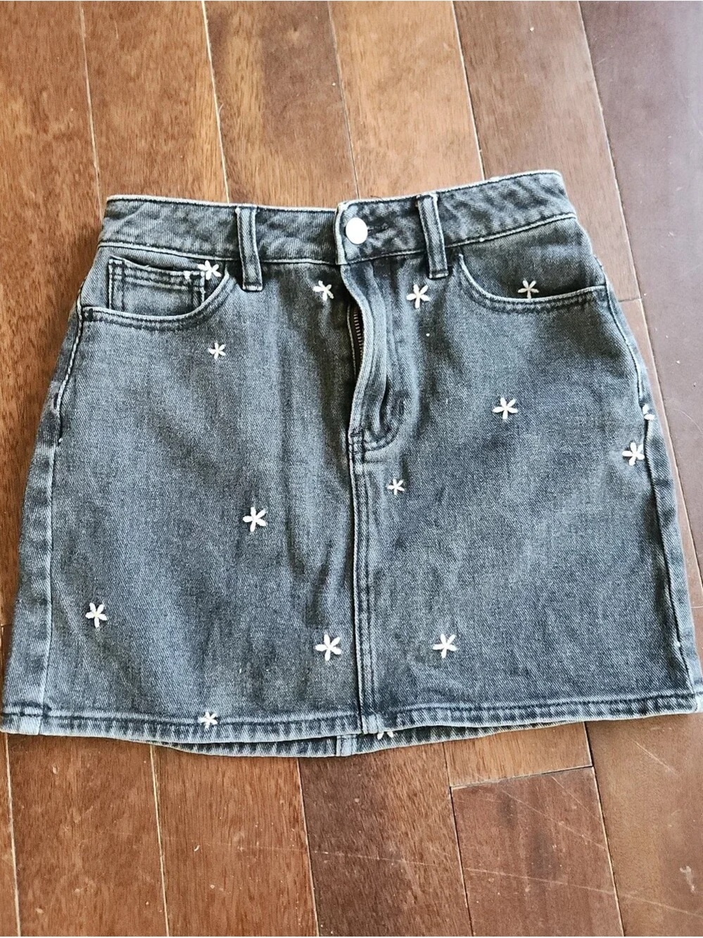 Embroidered Black Denim Mini Skirt